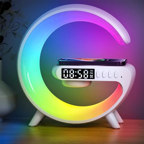 Wireless Speaker Charger Light, G Lamp with Wireless Charger, Smart Lamp Bluetooth Speaker, 5W Mood Light with Alarm Clock, 10 Lighting Modes, Bedroom, Party (White Plug-in Type)
