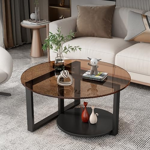 Andazododc Mesas de centro redondas negras con parte superior de cristal, 23.6 pulgadas de diámetro, 2 niveles, 17.7 pulgadas de altura, mesas de bar para sala de estar, mesa central simple y moderna