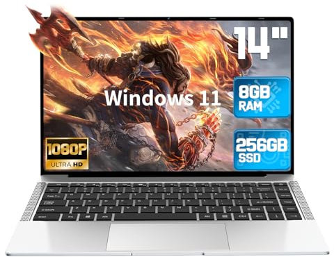 Tuonoyee PC Portatile 14 Pollici Computer Portatile Win 11 Notebook, 8GB RAM 256GB SSD,Processore Pentium Quad-Core,1920 X1080 IPS FHD, WiFi,TB 4.2,USB3.0, HDMI - Argento