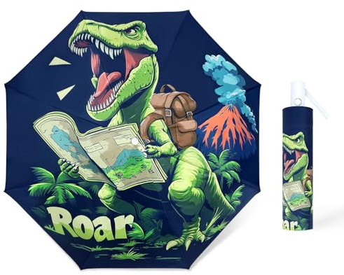 Regenschirm Kinder mit Niedlichem Muster, Kinderschirm Reflektierend mit Schirmhülle & Auf-Zu-Automatik, Taschenschirm Winddicht Sturmfest für Jungen Leicht zu Transportieren-Vulkan Dinosaurier