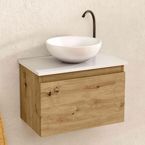 BELLOBATH - Mueble Baño Suspendido con Lavabo de Cerámica Redondo, Mueble Baño con Lavabo Montado con 1 Cajón, 49,5 x 32 x 30 cm, Mueble Roble/Blanco