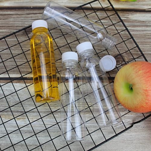 YankMooM 15 Pack Clear Juice Bottles,120ml Reusable Empty Plastic Bottles with Lids for Juice Milk Water and Other Beverages (Elegant Style, White Lids)