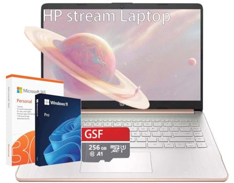 HP Stream 14 Inch Laptop, HD BrightView, Intel Celeron N4120, 16GB RAM, 128GB eMMC, 1TB Cloud Storage, Free AI-Powered Microsoft 365, Windows 11 S, USB-C, WiFi, 720p Webcam, con GSF 256GB SD Card