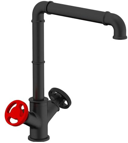 Yalsfowe Robinet de cuisine noir, industriel robinet d'évier de cuisine en laiton, mitigeur de cuisine monotrou à deux poignées, robinet mitigeur rotatif à 360°