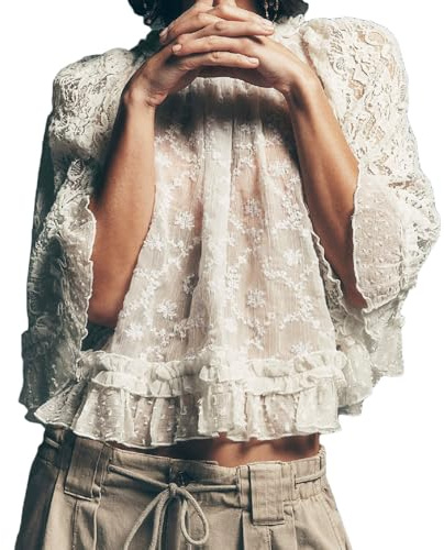 Women Boho Flowy Lace Blouse Long Sleeve Crew Neck See Through Ruffle Sheer Tops White