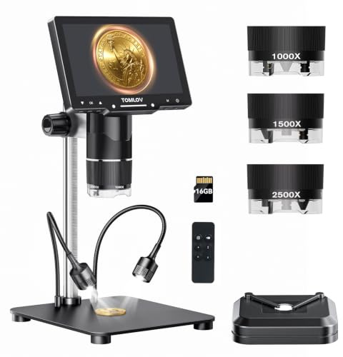 TOMLOV TriL107 Mikroskop Digital mit 3 Objektiven für Ganze Münzen | Drehbarer 3-Objektivwechsel, 7 IPS HD Display, 2K-Videos und 30-MP-Fotos Aufnehmen, 2500X, 14 LEDs, PC/TV-Kompatibel