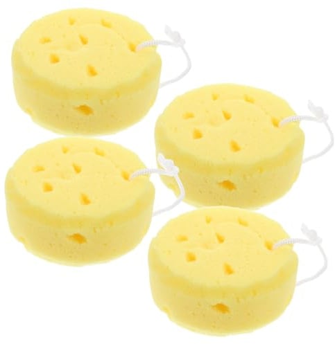 TOGEVAL Lot De 4 Éponges De Bain Exfoliantes Rondes Pour Bain Décongestionnantes Douces Et Jaunes Adaptées Aux Garçon Et Filles Et Adultes Pour Usage Quotidien
