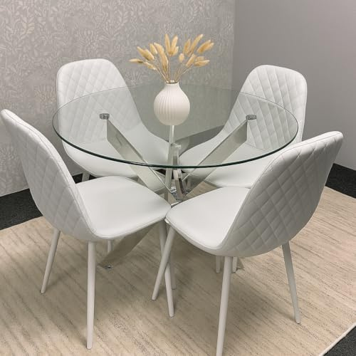 KOSY KOALA Round Glass Dining Table with 4 White Leather Kitchen Chairs
