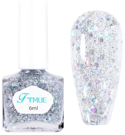 Glitter Nail Polish - Clear Silver Glitter Nail Varnish - Long Lasting Flash Shinny Holographic Nail Polish - Diamond Sparkle Quick Dry Nail Varnish No Need Baking - Women DIY Nail Art At Home