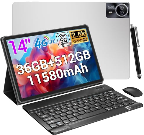 14 Zoll Tablet, 2.5K Display, 36GB RAM + 512GB ROM (1TB erweiterbar), 4G LTE Dual SIM + 5G WiFi, Quad-Speaker/Gemini AI/GPS/GMS/11580mAh/13MP, Android 15 Tablets mit Tastatur/Maus/Hülle/Kopfhörer/Pen