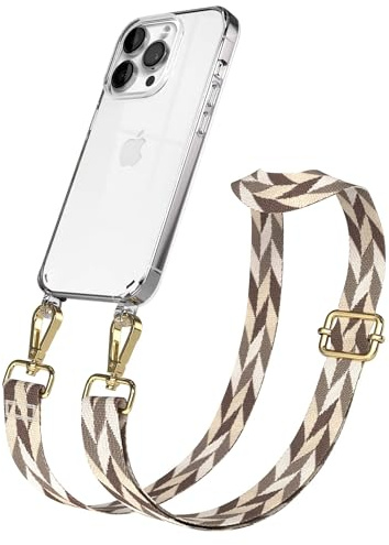 EAZY CASE Handykette - Verstellbares Taschenband kompatibel mit iPhone 14 Pro, Schulterriemen, Handykordel mit Silikon Hülle, Umhängetasche, Braun/Taupe Mix Gold