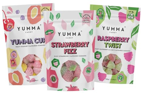 Yumma Candy - Mixed Bundle 9 Pack, Strawberry Fizz, Yumma Cups & Raspberry Twist - Gluten Free, Palm Oil Free - Made with Real Fruit Juice, Natural Flavoured Gummies - 9 x 138g Bags