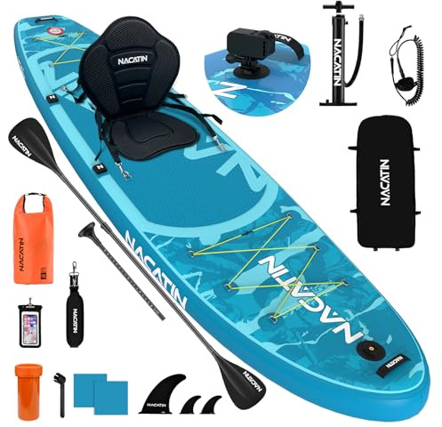 NACATIN 10'6/320cm Inflatable Paddle Board with Seat, SUP Board for Adults with Single/Double Paddle, Kayak Seat, Pump, Backpack, Carry Strap, Dry Bag, Repair Kit, for Lake, River, Yoga