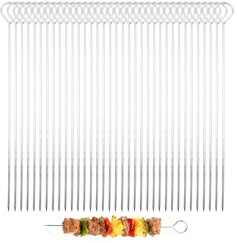 Spiedini per barbecue in acciaio inox, 35 pezzi, 20 cm, spiedini in metallo riutilizzabili, spiedini per carne, per barbecue, barbecue, shish kebab, frutta e verdura