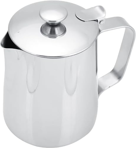 Jarra de leche barista, jarra espuma de acero inoxidable(350, Mililitros) | Jarra de leche de acero inoxidable con tapa y boquilla antigoteo, espuma duradera para café en casa, color plateado