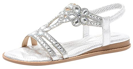 Sandales Femme Été Confortable Bohême Sandale Orthopédique Élégantes Bout Ouvert Pied Large H-Strap Bride Élastique Sangle Strass Chaussure Léger Avec Support Plates De Plage Casual Chaussures 35-46