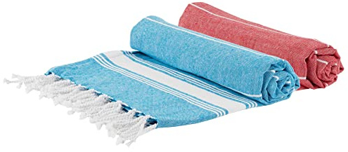 Nicola Spring Turkish Cotton Bath Towels - 170 x 90cm - Blue/Red - Pack of 2 - Lightweight & Absorbent Large Adults Drying Beach Towel Bathroom Gym Cloth Sauna Hammam Shower Sheet