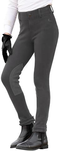 HORZE Nora Girls Riding Pants with Leather Knee Patch | Kids Equestrian Girls Jodhpurs Breeches | Size Chart in Images - Dark Grey - L