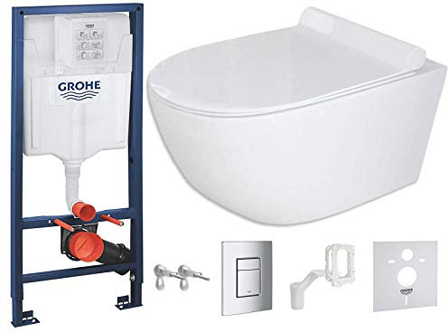 VBChome Hänge WC spülrandlos Grohe Rapid SL Set für Wand-WC Toilette inkl. softclose wc Sitz absenkautomatik Deckel aus Duroplast Wandhalter Betätigungsplatte in chrom und Grohe-Fresh (GCART)