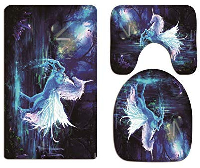 A.Monamour Badezimmer Badematte 3 Teilig Set Fantasie Einhorn Geheimnisvollen Wald Eiswasser Blauen Hintergrund Fee Thema Kunst Flanell Saugfähig Badteppiche Badvorleger Badgarnitur WC Vorleger