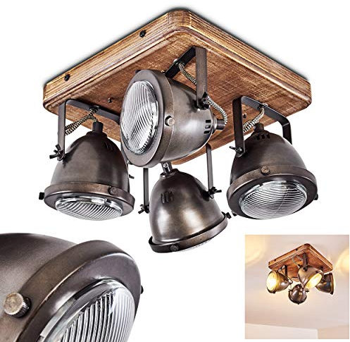 HOFSTEIN Deckenleuchte Glostrup, dimmbare Deckenlampe aus Metall/Holz in Braun, 4-flammig, Lampenschirm dreh- u. schwenkbar, 4 x GU10-Fassung, Spot im Retro-Design, ohne Leuchtmittel