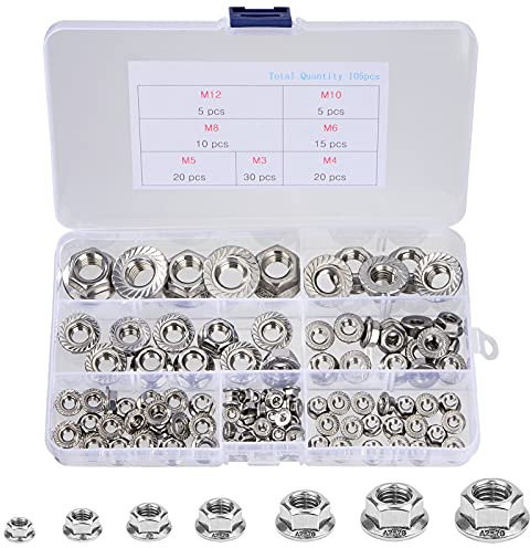 QIMEI-SHOP Dadi Esagonali in Acciaio Inox Dadi Autobloccanti con Flangia e Dentatura M3 M4 M5 M6 M8 M10 M12 - Assortimento Kit Conforme allo DIN 6923 - 105 Pezzi
