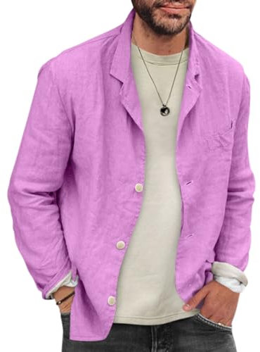 Onsoyours Giacca da Uomo in Lino Casual Blazer da Uomo Slim Fit Blazer 3 Button Suit Cappotto Solid Casual Outerwear Tops Tinta Unita Rosa XL