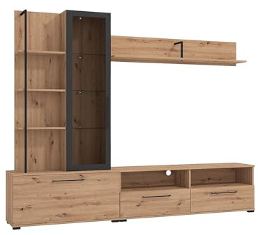 TUCO - Meuble TV Salon modulaire avec bibliothèque + étagère Couleur chêne. Dimensions : 229,5 cm (Largeur) x 35 cm (Longueur) x 183 cm (Haut)
