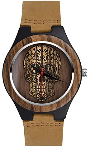 SUPBRO Holzuhren Herren Holz-Armbanduhr Schädel Herren Natur Hölzerne Uhr Analog Armbanduhr Japanisch Holzuhr Quarzwerk Uhr Lederband