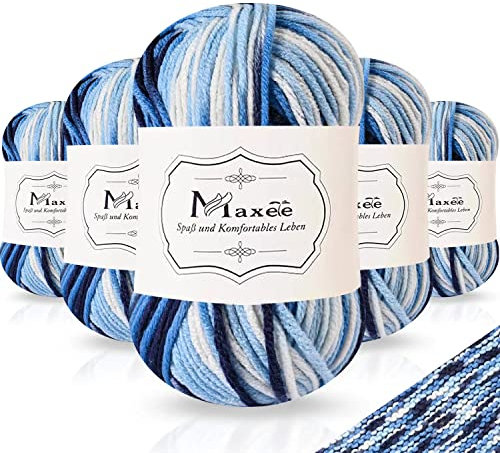 Maxee Handstrickgarn, 5x50 g Häkelgarn, Bunt Farbverlauf Acrylgarn zum Stricken, Weicher Wolle zum Häkeln, Mehrfarbiges Garn zum Stricken Häkeln und Basteln
