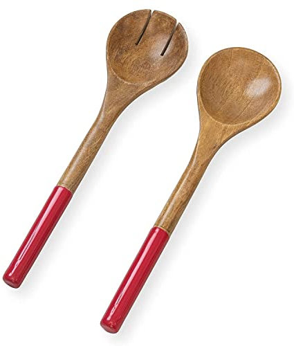 Folkulture Wooden Salad Serving Utensils, 12-inch Spoon and Fork Set for Kitchen Decor, Tongs for Serving, Hands for Wooden Bowl Set, Red