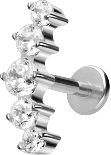 PIERCINGLINE Piercing Stecker Titan Labret mit Innengewinde 5 EINGEFASSTE KRISTALLE - Roségoldfarben, Schwarz, Goldfarben, Silberfarben