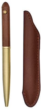 SIPLIV Handgefertigter Messing-Kugelschreiber aus Holz, schwarze Tinte, feine Spitze, einziehbar, Geschenkstift mit PU-Ledertasche, Braun