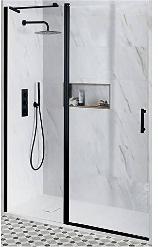MILANO Black Walk in Hinged Door Shower Enclosure White Tray 1100 x 700mm