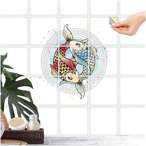 FoLIESEN Fliesenaufkleber - Deko-Bild für Bad, Küche, Badezimmer - Dekoration Fliesen-Bild selbstklebend - Ying Yang Koi, Fliese - Bild (BxH):15x15 cm - 45x45 cm / 9-tlg.