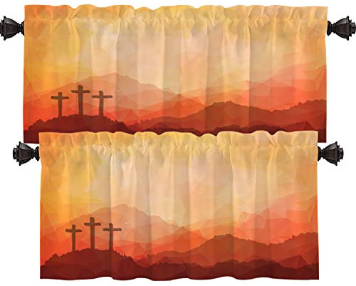 Shrahala Oster-Szene, Küchenvolants, Aquarell, Osterszene mit Kreuz, Jesus, halbe Fenstervorhang, Fensterbehandlung, mehrschichtiges Polyester, Verdunkelung für Wohnzimmer, 2 Stück, 132,1 x 45,7 cm