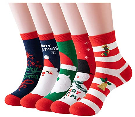 GEYIWSSXY Weihnachtssocken Damen Lustige Baumwolle Weihnachts Sneaker Bunte Socken Damen Christmas Socks 5 Paare
