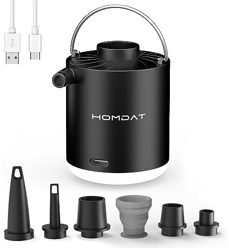Homdat Elektrische Luftpumpe, Tragbare Akku Luftpumpe mit Lampe, Mini Luftpumpe Luftmatratze für Pool Schwimmring Camping Schlauchboot, 3 in 1 Inflate & Deflate Pumpe Elektrisch mit USB, 5 Düsen