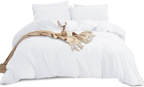 Imperial Rooms Double Duvet Cover Set Brushed Microfiber Plain Bedding White Bed Set with Pillow Cases Ultra Soft Button Closure Quilt Cover (200 x 200 Cm)