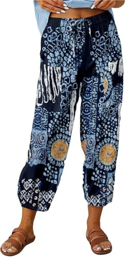ASKSA Womens 7/8 Printing Linen Trousers Wide Pants Summer Casual Lightweight Loose with Pockets (Dark Blue,3XL)