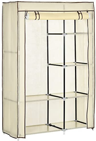HOMCOM Kleiderschrank Stoffschrank mit 6 Ablagen, Kleiderstange, Reißverschluss Faltschrank für, Ankleidezimmer Schlafzimmer, 103 x 43 x 162,5 cm, Creme