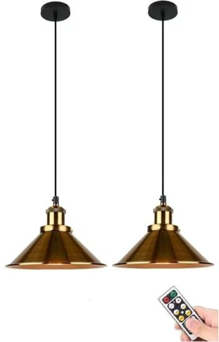 Industrial Pendant Lights Battery Operated with Remote Set of 2,Indoor Non Hardwired Hanging Lights Fixtures,Black Vintage Pendant Lighting Lamp for Farmhouse Kitchen Island Bedroom Bar (Color : Gold