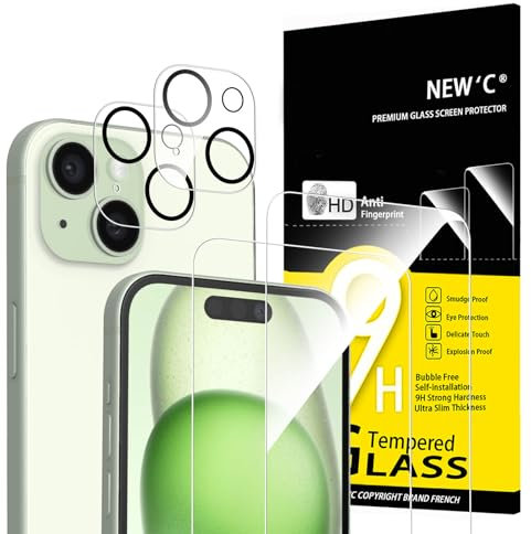 NEW'C 4 Pack, 2 x Protector Pantalla para iPhone 15 (6,1 Pulgadas) y 2 x Protector Pantalla Protector de Lente de Cámara - Cristal Templado - Libre de Burbujas - Ultra Resistente - Cristal Dureza 9H