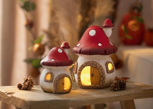 Dekoleidenschaft 2X Haus Fliegenpilz aus Terracotta, mit LED Beleuchtung, Leuchtdeko mit Batterie, Dekohaus, Herbstdeko, Pilzdeko, Tischdeko für Wohnzimmer