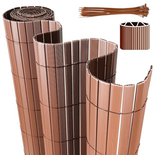Eulenke PVC Sichtschutzmatte, 80 x 500cm Sichtschutzzaun mit Kabelbindern, Innen W-Struktur Verstärkte Lamellen, Windschutz Balkon sichtschutz für Zaun Garten Terrasse, Braun
