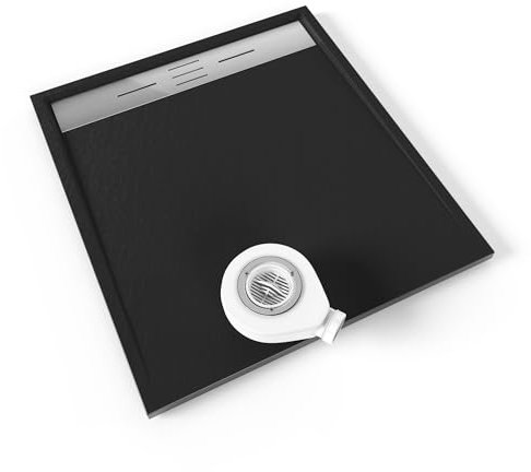 Moments of Glass Plato de ducha SMC Hiemal 100x90 cm, Negro RAL 7021 – Antiderrapante, Textura Pizarra, Antibacteriano, Resistente a agentes químicos – Incluye válvula y rejilla Inox