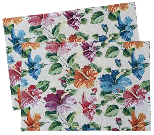 Gobelin Tischset 2er Pack Blumen Tischdeko mit Baumwolle Osterdeko Untersetzer Esstisch Natur Deko Modern Garden Typ884 Platzsets 33x46 cm Hibiskus