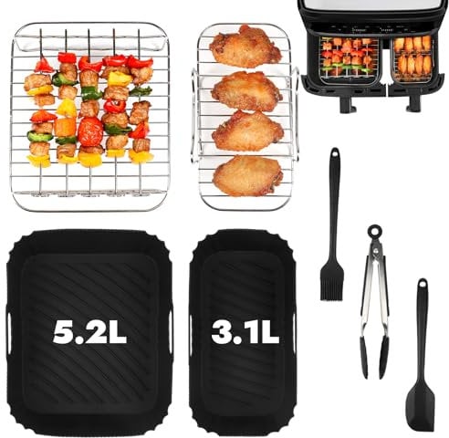 GINOYA 7pcs Air Fryer Accessories for Tefal Easy Fry 5.2L/3.1L, Air Fryer Liners & Rack, Spatula, Kitchen Tongs, Oil Brush