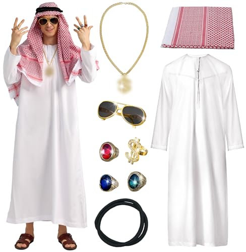 Ulikey Scheich Kostüm Herren, Araber Kostüm, Kostüm Scheich Araber, Arabisches Weißes Gewand mit Kopftuch, Finger Ring, Halsketten, Sonnenbrillen für Party, Cosplay (M)