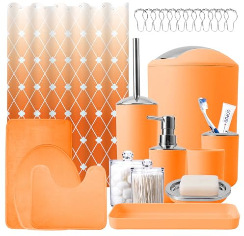25Pcs Orange Bathroom Set with Shower Curtain and Rugs - Complete Bath Accessories Trash Can, Soap Dispenser, Soap Dish, Toilet Brush, Toothbrush Holder, Tumbler Cup, Tray, Canisters, Hooks